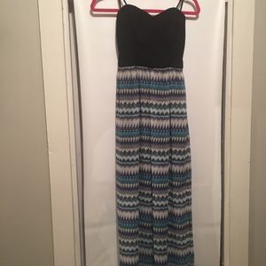 Patterned Blue Strapless Maxi Dress